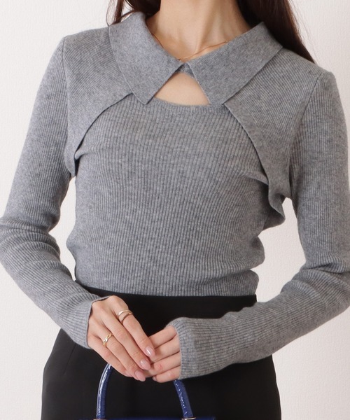 Lace Ladies(レースレディース)の「カットアウト襟付きリブニットボレロ風プルオーバー(ニット/セーター・レディース・アイボリー/ブラック/ベージュ/グレー・FREE)」の12枚目の写真