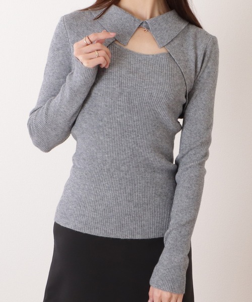 Lace Ladies(レースレディース)の「カットアウト襟付きリブニットボレロ風プルオーバー(ニット/セーター・レディース・アイボリー/ブラック/ベージュ/グレー・FREE)」の14枚目の写真
