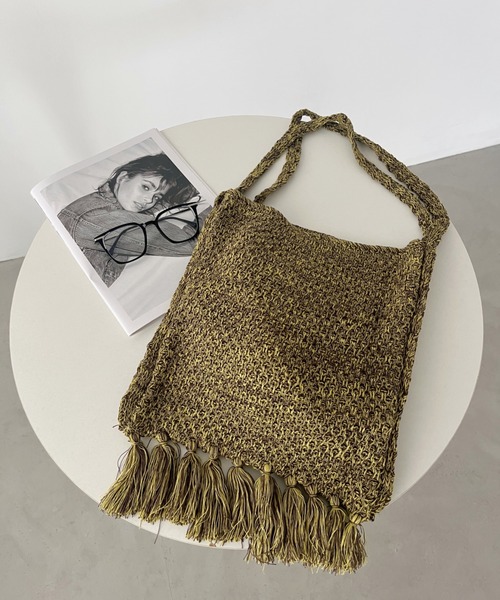 NKNIT フリンジニットハンドバッグブラウン