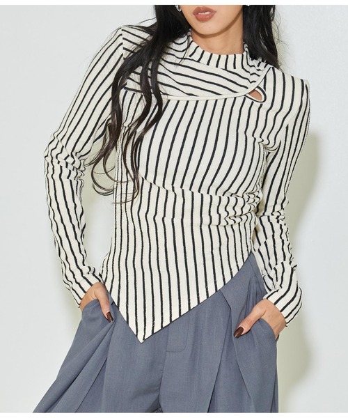 セール】ジオメトリック ボーダー ストライプ ハイネック 長袖（T