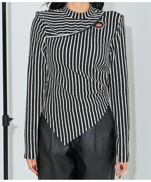 セール】ジオメトリック ボーダー ストライプ ハイネック 長袖（T