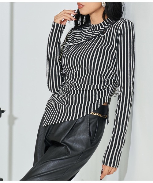 セール】ジオメトリック ボーダー ストライプ ハイネック 長袖（T