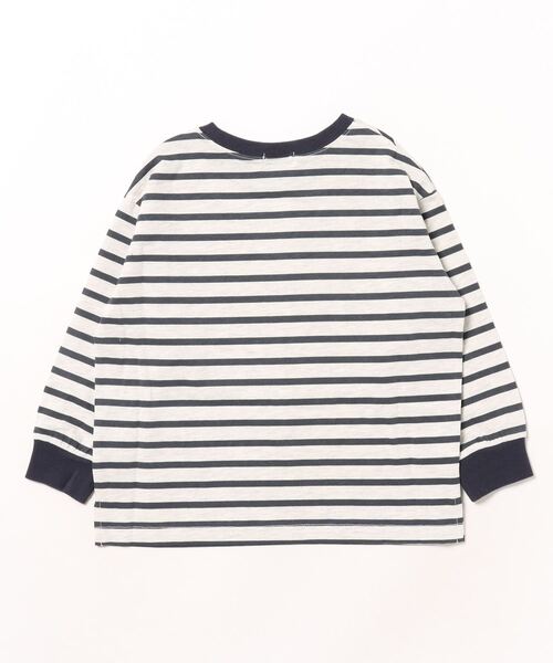 b・ROOM（ビールーム）の「【型崩れしないやわらかコットン】裾スリットプリントボーダー長袖Tシャツ（Tシャツ/カットソー・キッズ・ベージュ/グレイッシュブルー/ライラック/モスグリーン/レッド/ネイビー・110cm/120cm/130cm/140cm/150cm/100cm）」の7枚目の写真