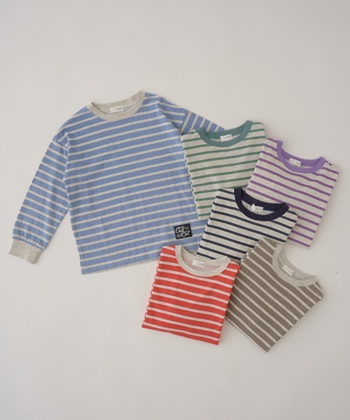 b・ROOM（ビールーム）の「【型崩れしないやわらかコットン】裾スリットプリントボーダー長袖Tシャツ（Tシャツ/カットソー・キッズ・ベージュ/グレイッシュブルー/ライラック/モスグリーン/レッド/ネイビー・110cm/120cm/130cm/140cm/150cm/100cm）」の12枚目の写真