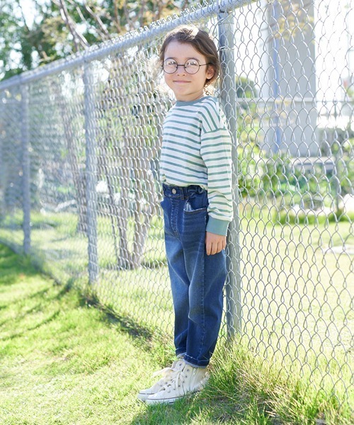 b・ROOM（ビールーム）の「【型崩れしないやわらかコットン】裾スリットプリントボーダー長袖Tシャツ（Tシャツ/カットソー・キッズ・ベージュ/グレイッシュブルー/ライラック/モスグリーン/レッド/ネイビー・110cm/120cm/130cm/140cm/150cm/100cm）」の10枚目の写真