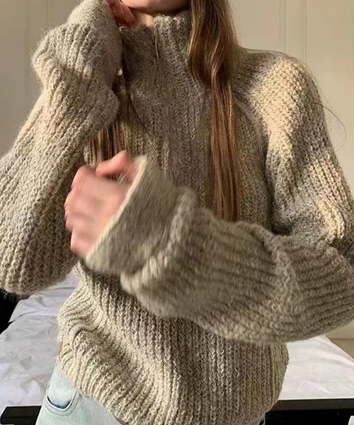 LYEON(リヨン)の「ハーフジップミックスカラー糸ニットプルオーバー(ニット/セーター・レディース・ブラウン/ベージュ/ブラック・FREE)」の3枚目の写真
