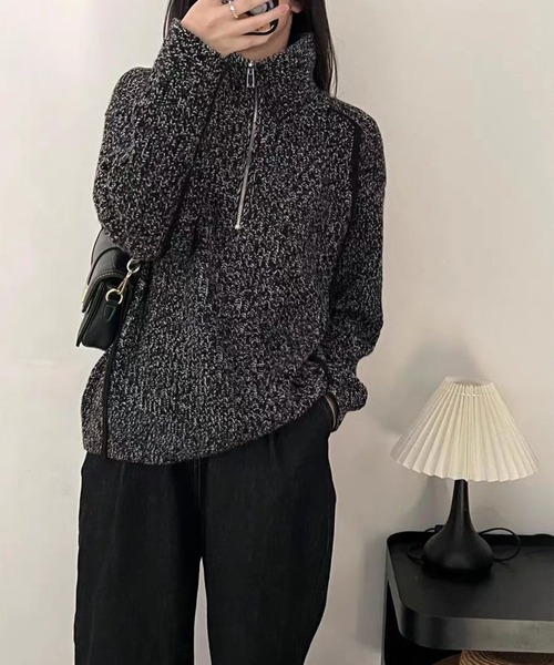 LYEON(リヨン)の「ハーフジップミックスカラー糸ニットプルオーバー(ニット/セーター・レディース・ブラウン/ベージュ/ブラック・FREE)」の7枚目の写真