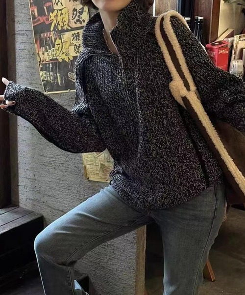 LYEON(リヨン)の「ハーフジップミックスカラー糸ニットプルオーバー(ニット/セーター・レディース・ブラウン/ベージュ/ブラック・FREE)」の5枚目の写真