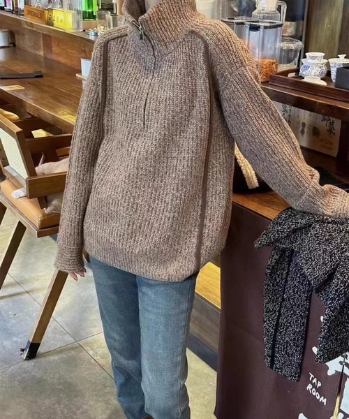 LYEON(リヨン)の「ハーフジップミックスカラー糸ニットプルオーバー(ニット/セーター・レディース・ブラウン/ベージュ/ブラック・FREE)」の10枚目の写真
