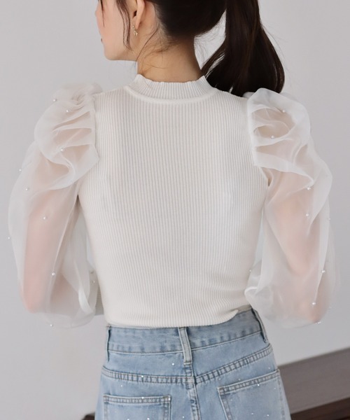 BLUEEAST(ブルーイースト)の「パールシアースリーブニット(ニット/セーター・レディース・ブラック/ホワイト/ピンク・MEDIUM)」の10枚目の写真