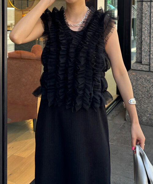 新品　DOUDOU チュールフリルTEE ドゥドゥ セール】【WEB限定】チュールビスチェTEE（Tシャツ/カットソー
