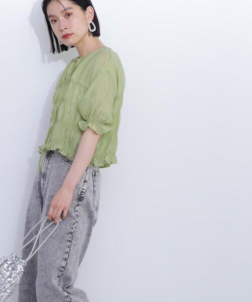 N.(N. Natural Beauty Basic)(エヌエヌナチュラルビューティーベーシック)の「◆フロントリボンシュリンクボイル半袖ブラウス(シャツ/ブラウス・レディース・オフホワイト/ピンク/ライトグリーン・MEDIUM)」の8枚目の写真