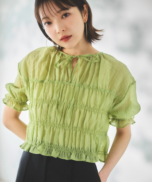 N.(N. Natural Beauty Basic)(エヌエヌナチュラルビューティーベーシック)の「◆フロントリボンシュリンクボイル半袖ブラウス(シャツ/ブラウス・レディース・オフホワイト/ピンク/ライトグリーン・MEDIUM)」の1枚目の写真