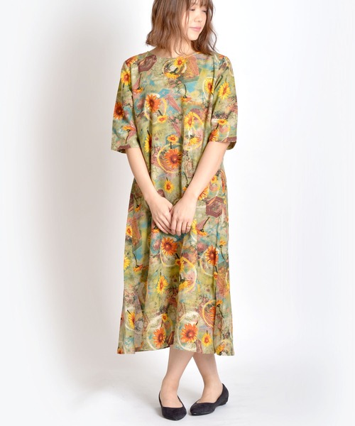 MARAI(マーライ)の「総柄 花柄 Aラインワンピース マキシワンピース 綿麻 ロング丈(ワンピース・レディース・D/E/F/A/H/J/B/G/I/K/M/N/C/L・FREE)」の2枚目の写真