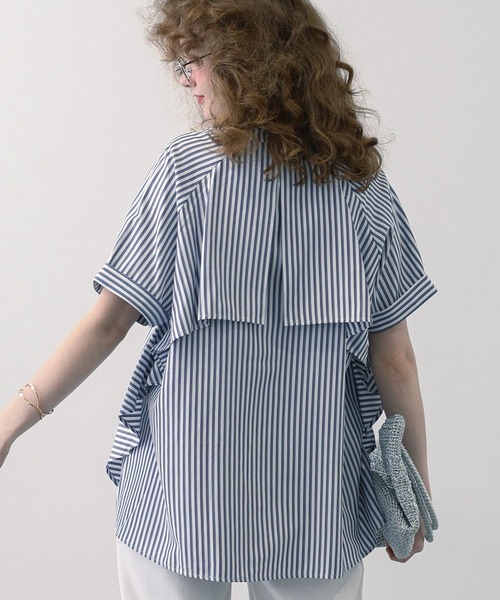 saloon(サルーン)の「SALOON(サルーン)/ノーカラーフリルヨーク5分袖ブラウス【洗濯機洗い可】無地/ストライプ(シャツ/ブラウス・レディース・ブルー系その他/オフホワイト/サックスブルー/グレー系その他・FREE)」の1枚目の写真