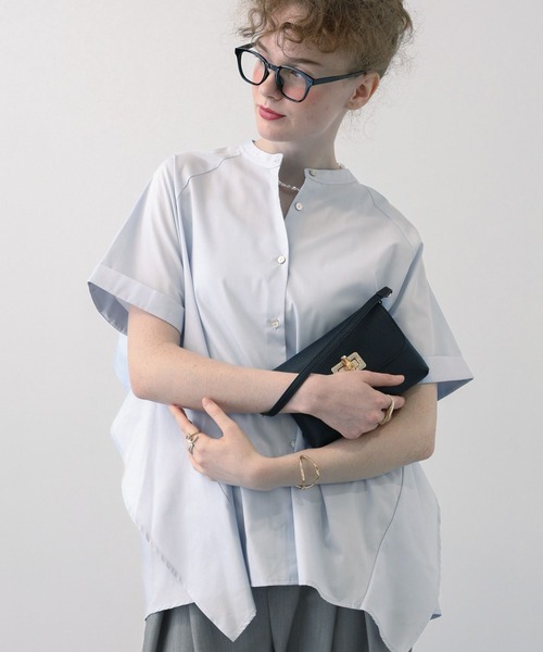 saloon(サルーン)の「SALOON(サルーン)/ノーカラーフリルヨーク5分袖ブラウス【洗濯機洗い可】無地/ストライプ(シャツ/ブラウス・レディース・ブルー系その他/オフホワイト/サックスブルー/グレー系その他・FREE)」の18枚目の写真