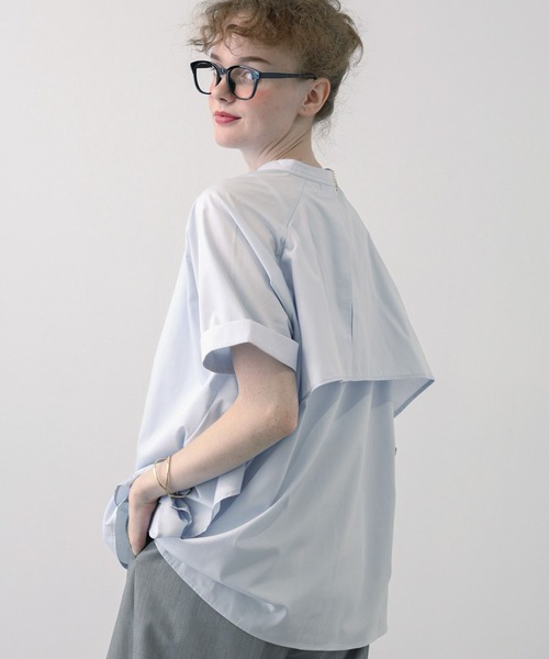 saloon(サルーン)の「SALOON(サルーン)/ノーカラーフリルヨーク5分袖ブラウス【洗濯機洗い可】無地/ストライプ(シャツ/ブラウス・レディース・ブルー系その他/オフホワイト/サックスブルー/グレー系その他・FREE)」の20枚目の写真