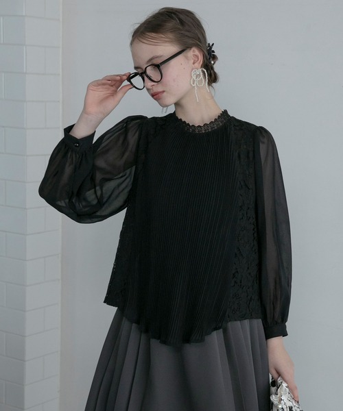 BONLECILL noir（ボンルシールノワール）の「【BONLECILL noir】レースドッキングフロントプリーツ ハイネックブラウス（シャツ/ブラウス・レディース・ブラック/ホワイト・FREE）」の4枚目の写真