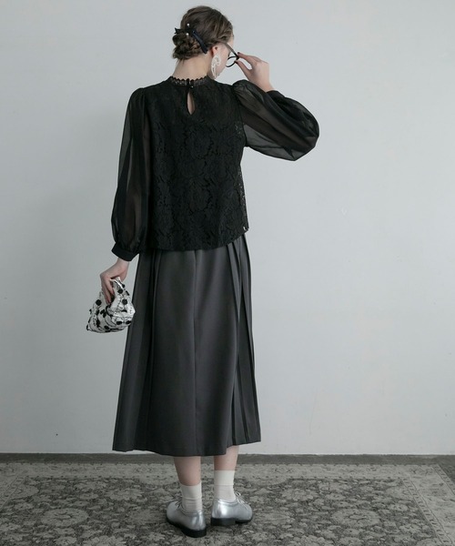 BONLECILL noir（ボンルシールノワール）の「【BONLECILL noir】レースドッキングフロントプリーツ ハイネックブラウス（シャツ/ブラウス・レディース・ブラック/ホワイト・FREE）」の9枚目の写真