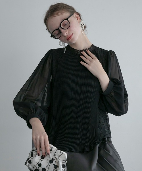 BONLECILL noir（ボンルシールノワール）の「【BONLECILL noir】レースドッキングフロントプリーツ ハイネックブラウス（シャツ/ブラウス・レディース・ブラック/ホワイト・FREE）」の10枚目の写真
