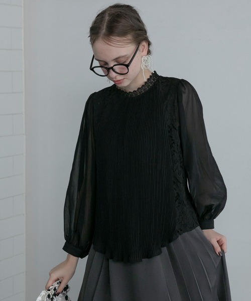 BONLECILL noir（ボンルシールノワール）の「【BONLECILL noir】レースドッキングフロントプリーツ ハイネックブラウス（シャツ/ブラウス・レディース・ブラック/ホワイト・FREE）」の12枚目の写真