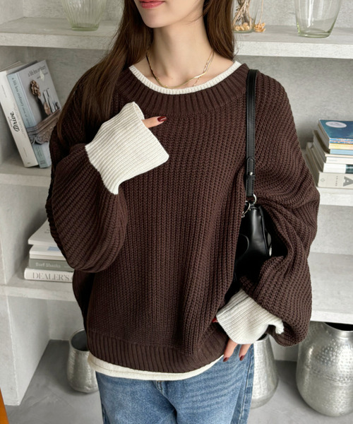 Ada.(エイダ)の「レイヤード デザイン オーバーサイズ 畦ニット(ニット/セーター・レディース・ブラック/グレイッシュベージュ/ブラウン・FREE)」の14枚目の写真