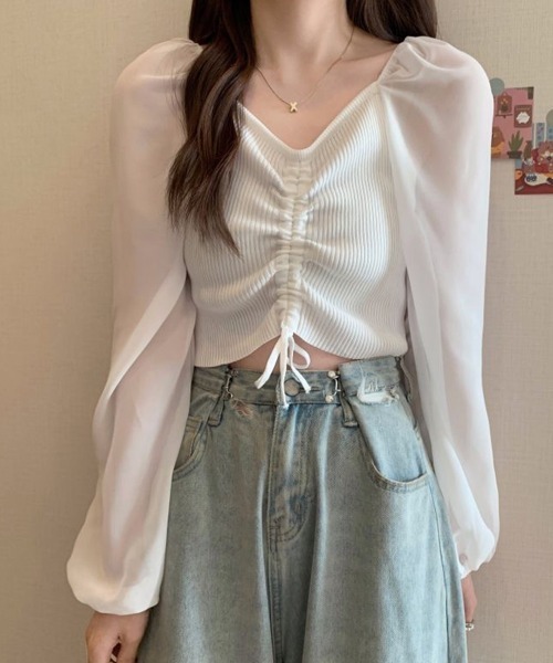Miniministore（ミニミニストア）の「ニットトップス ドローストリング 韓国風（シャツ/ブラウス・レディース・ブラック/アイボリー/ホワイト/ダークグリーン・FREE）」の2枚目の写真