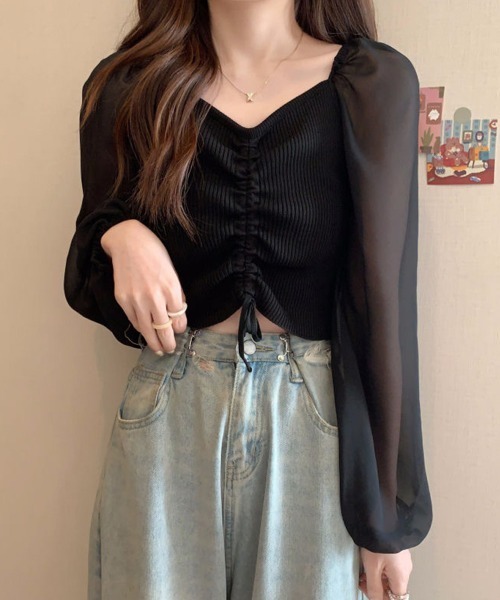 Miniministore（ミニミニストア）の「ニットトップス ドローストリング 韓国風（シャツ/ブラウス・レディース・ブラック/アイボリー/ホワイト/ダークグリーン・FREE）」の3枚目の写真