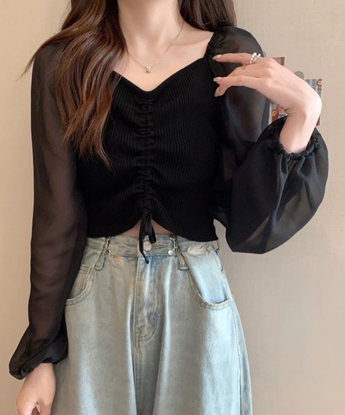 Miniministore（ミニミニストア）の「ニットトップス ドローストリング 韓国風（シャツ/ブラウス・レディース・ブラック/アイボリー/ホワイト/ダークグリーン・FREE）」の5枚目の写真