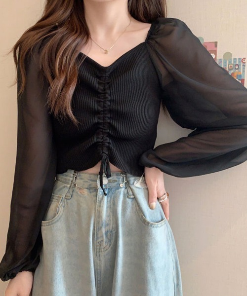 Miniministore（ミニミニストア）の「ニットトップス ドローストリング 韓国風（シャツ/ブラウス・レディース・ブラック/アイボリー/ホワイト/ダークグリーン・FREE）」の6枚目の写真
