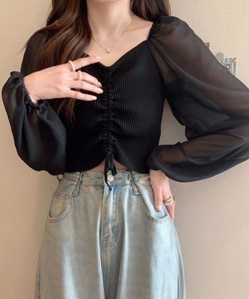 Miniministore（ミニミニストア）の「ニットトップス ドローストリング 韓国風（シャツ/ブラウス・レディース・ブラック/アイボリー/ホワイト/ダークグリーン・FREE）」の7枚目の写真