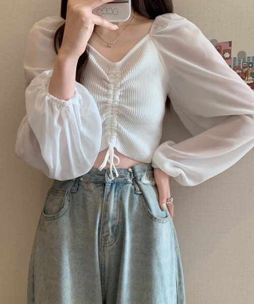 Miniministore（ミニミニストア）の「ニットトップス ドローストリング 韓国風（シャツ/ブラウス・レディース・ブラック/アイボリー/ホワイト/ダークグリーン・FREE）」の8枚目の写真