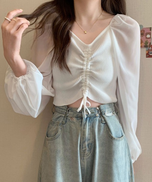 Miniministore（ミニミニストア）の「ニットトップス ドローストリング 韓国風（シャツ/ブラウス・レディース・ブラック/アイボリー/ホワイト/ダークグリーン・FREE）」の9枚目の写真