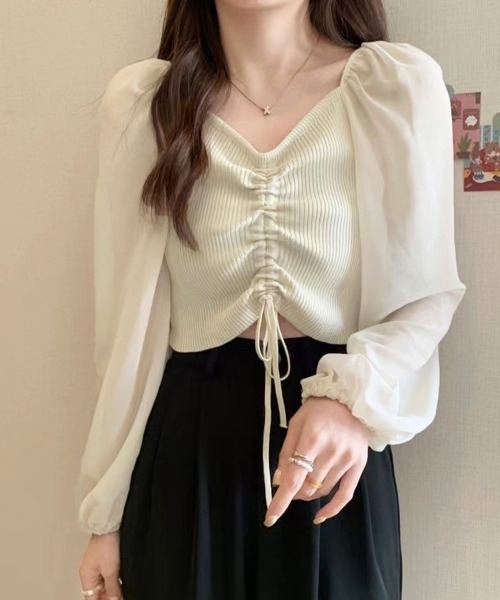 Miniministore（ミニミニストア）の「ニットトップス ドローストリング 韓国風（シャツ/ブラウス・レディース・ブラック/アイボリー/ホワイト/ダークグリーン・FREE）」の10枚目の写真