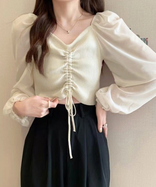 Miniministore（ミニミニストア）の「ニットトップス ドローストリング 韓国風（シャツ/ブラウス・レディース・ブラック/アイボリー/ホワイト/ダークグリーン・FREE）」の11枚目の写真