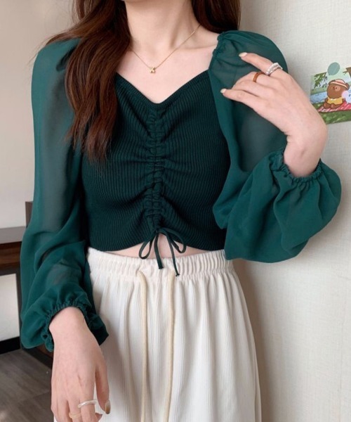 Miniministore（ミニミニストア）の「ニットトップス ドローストリング 韓国風（シャツ/ブラウス・レディース・ブラック/アイボリー/ホワイト/ダークグリーン・FREE）」の12枚目の写真