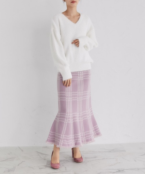 tocco closet（トッコ　クローゼット）の「裾フリンジチェックマーメイドニットスカート（スカート・レディース・ピンク/ブラック/オフホワイト/ベージュ・M）」の11枚目の写真