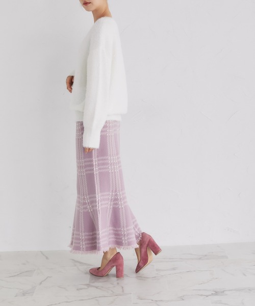 tocco closet（トッコ　クローゼット）の「裾フリンジチェックマーメイドニットスカート（スカート・レディース・ピンク/ブラック/オフホワイト/ベージュ・M）」の12枚目の写真