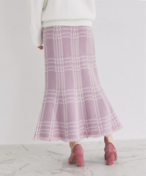 tocco closet（トッコ　クローゼット）の「裾フリンジチェックマーメイドニットスカート（スカート・レディース・ピンク/ブラック/オフホワイト/ベージュ・M）」の14枚目の写真