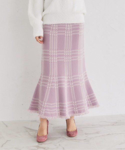tocco closet（トッコ　クローゼット）の「裾フリンジチェックマーメイドニットスカート（スカート・レディース・ピンク/ブラック/オフホワイト/ベージュ・M）」の15枚目の写真
