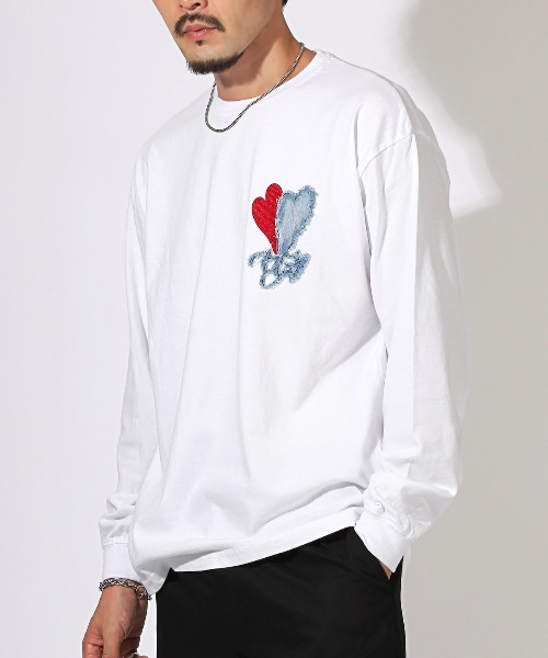 LUXSTYLE（ラグスタイル）の「デニムアップリケ刺繍ワンポイントロンT（Tシャツ/カットソー・メンズ・ブラック/ホワイト・M/L）」の2枚目の写真