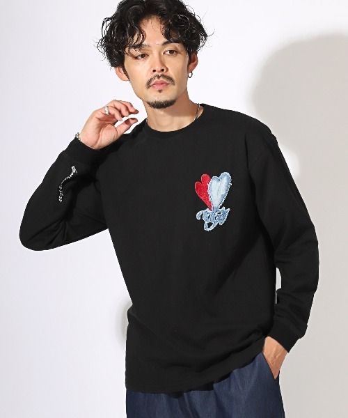 LUXSTYLE（ラグスタイル）の「デニムアップリケ刺繍ワンポイントロンT（Tシャツ/カットソー・メンズ・ブラック/ホワイト・M/L）」の5枚目の写真