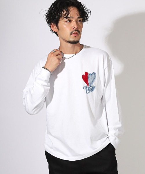 LUXSTYLE（ラグスタイル）の「デニムアップリケ刺繍ワンポイントロンT（Tシャツ/カットソー・メンズ・ブラック/ホワイト・M/L）」の7枚目の写真