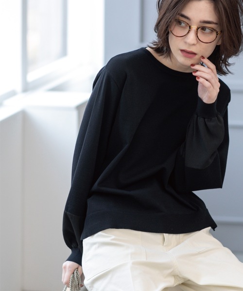 OPAQUE.CLIP(オペークドットクリップ)の「ジョーゼット切替スリーブニット【洗濯機洗い可】(ニット/セーター・レディース・サックスブルー/ブラック/ライトグレー/イエロー系その他/アイボリー・38/40/36/42)」の1枚目の写真