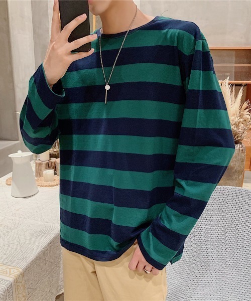 link lot(リンクロット)の「カラーワイドボーダーロンT(Tシャツ/カットソー・メンズ・ブルー/ホワイト/グリーン・F)」の2枚目の写真
