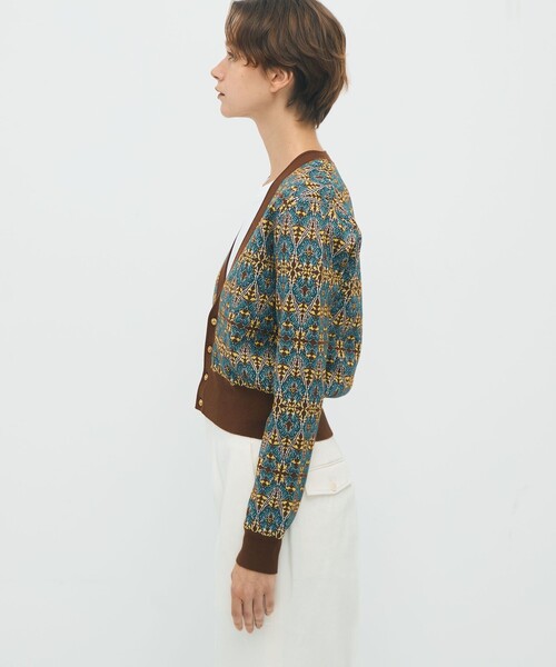 コットンカシミヤストレッチ ジャカードプリントVネックカーディガン