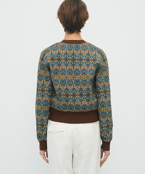 コットンカシミヤストレッチ ジャカードプリントVネックカーディガン