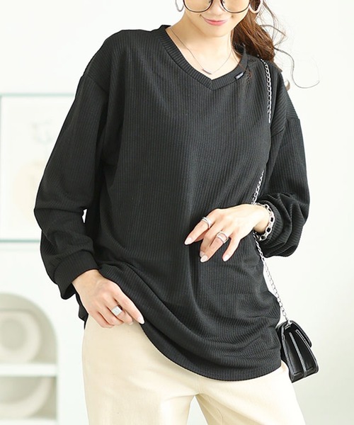GOLDJAPAN（ゴールドジャパン）の「ラウンド裾Vネックリブカットソー【大きいサイズ対応】（Tシャツ/カットソー・レディース・ホワイト/ブラック・LL/3L）」の2枚目の写真