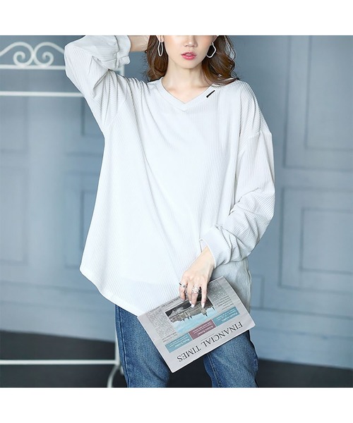 GOLDJAPAN（ゴールドジャパン）の「ラウンド裾Vネックリブカットソー【大きいサイズ対応】（Tシャツ/カットソー・レディース・ホワイト/ブラック・LL/3L）」の8枚目の写真