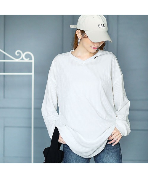 GOLDJAPAN（ゴールドジャパン）の「ラウンド裾Vネックリブカットソー【大きいサイズ対応】（Tシャツ/カットソー・レディース・ホワイト/ブラック・LL/3L）」の14枚目の写真